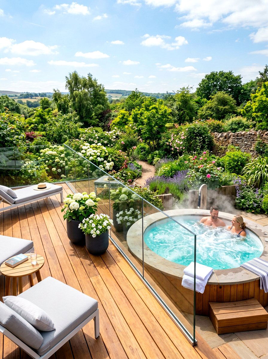 Hot tub glass railing - 30 small hot tub patio ideas