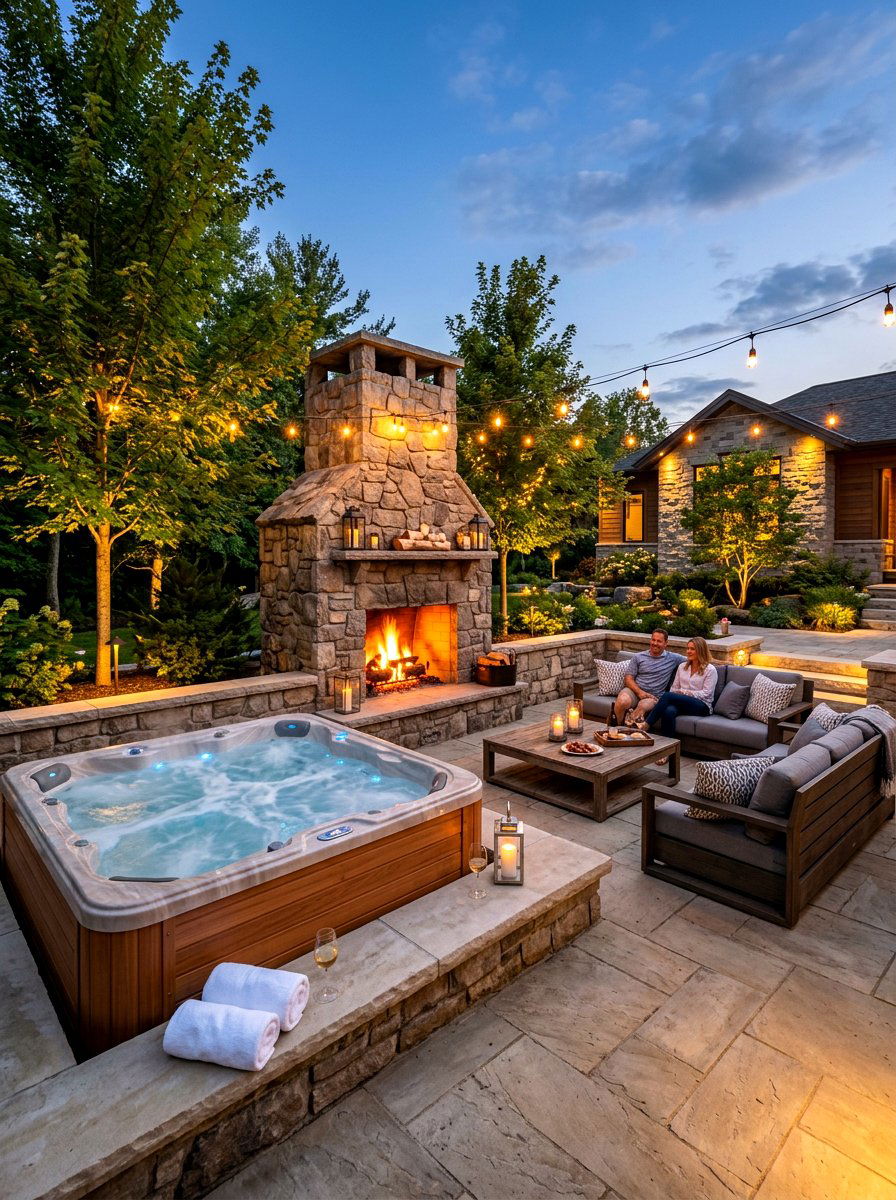 Hot tub outdoor fireplace - 30 small hot tub patio ideas