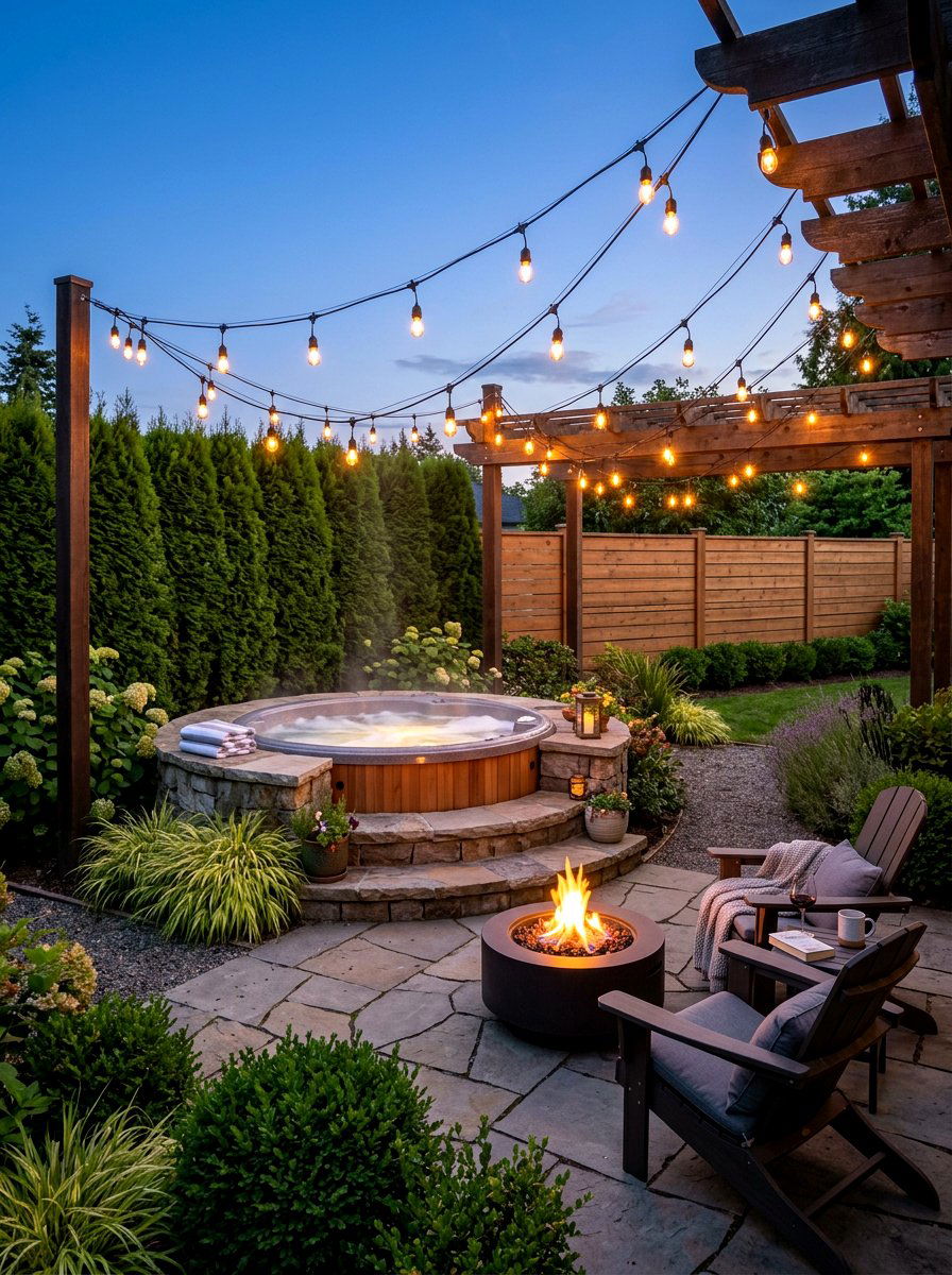 Hot tub string lights - 30 small hot tub patio ideas