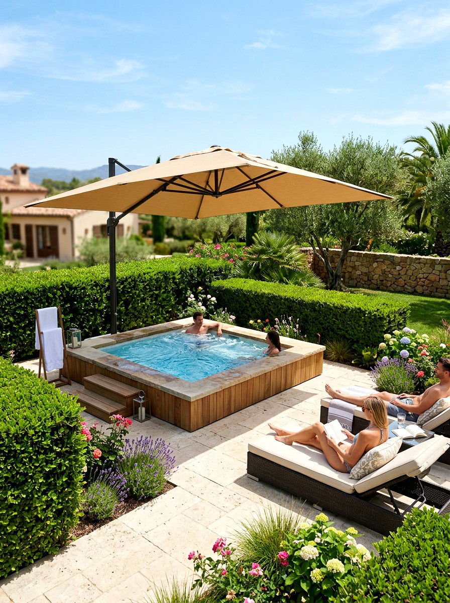 Hot tub umbrella shade - 30 small hot tub patio ideas