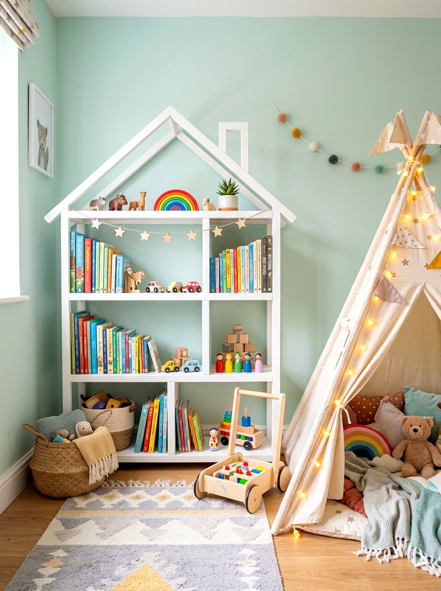 House Shaped Display Shelf - 30 playroom bookshelf ideas