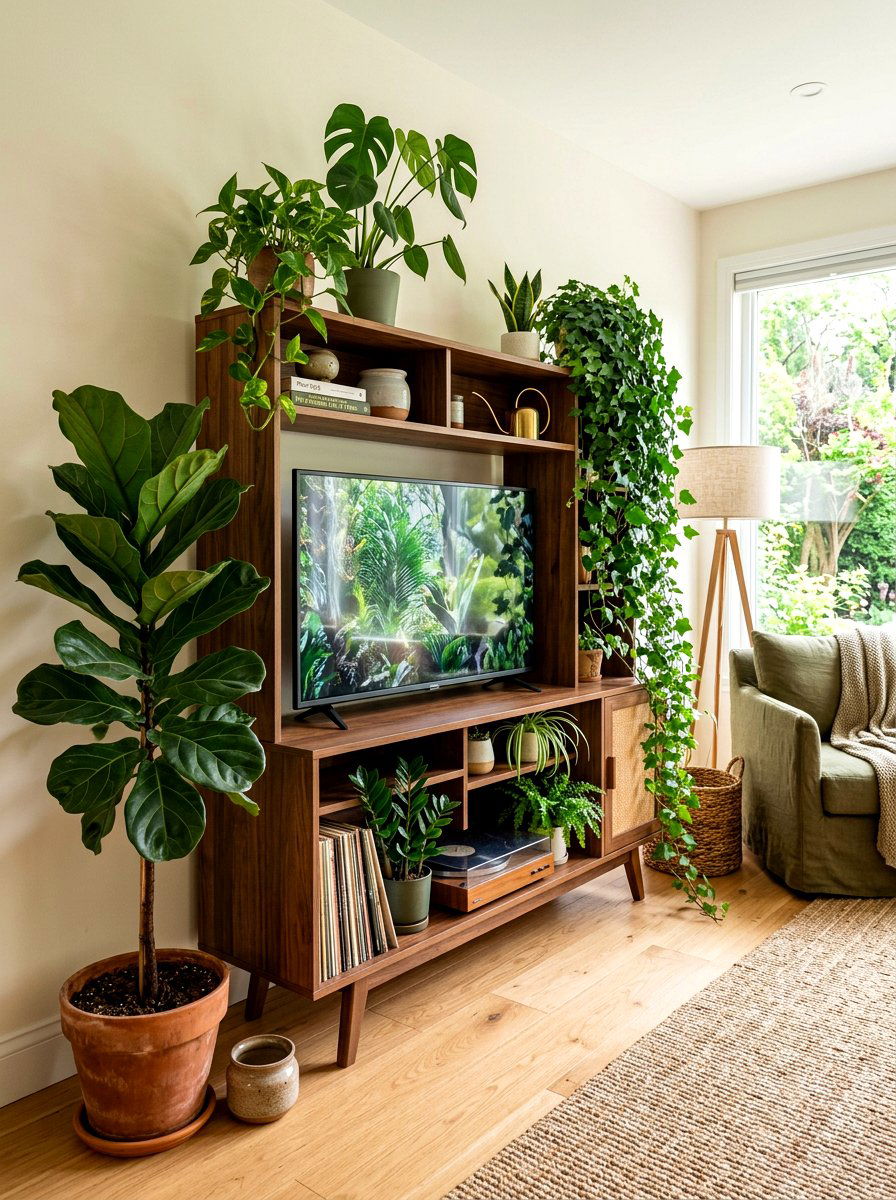 Houseplants Around TV Stand - 30 media console styling ideas