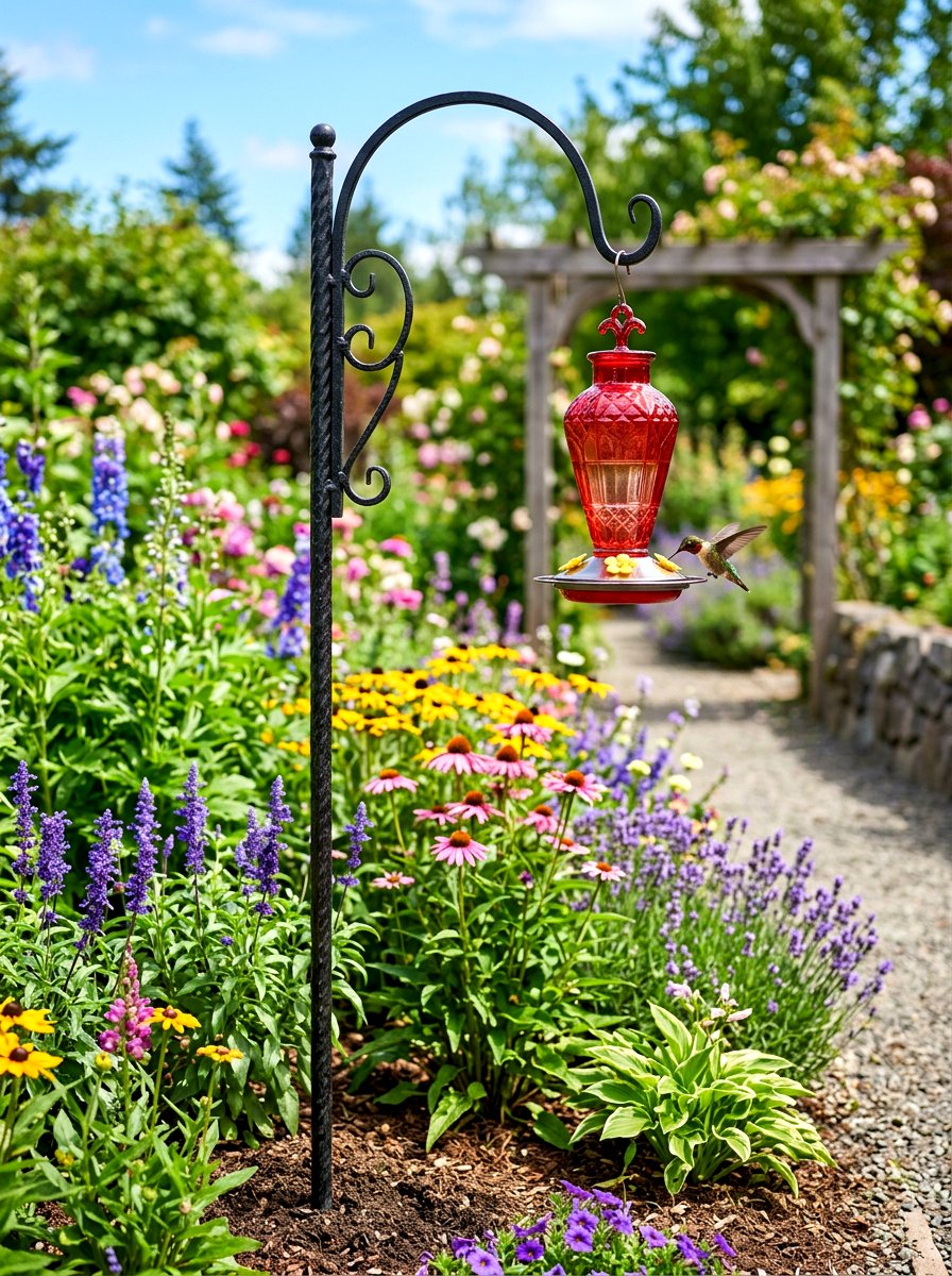 Hummingbird feeder pole - 30 hummingbird oasis backyard ideas