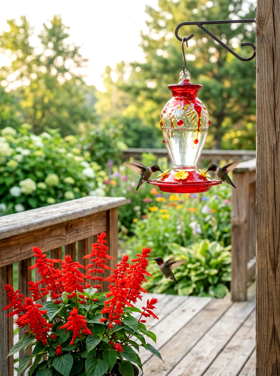Hummingbird feeder station - 30 pollinator backyard garden ideas