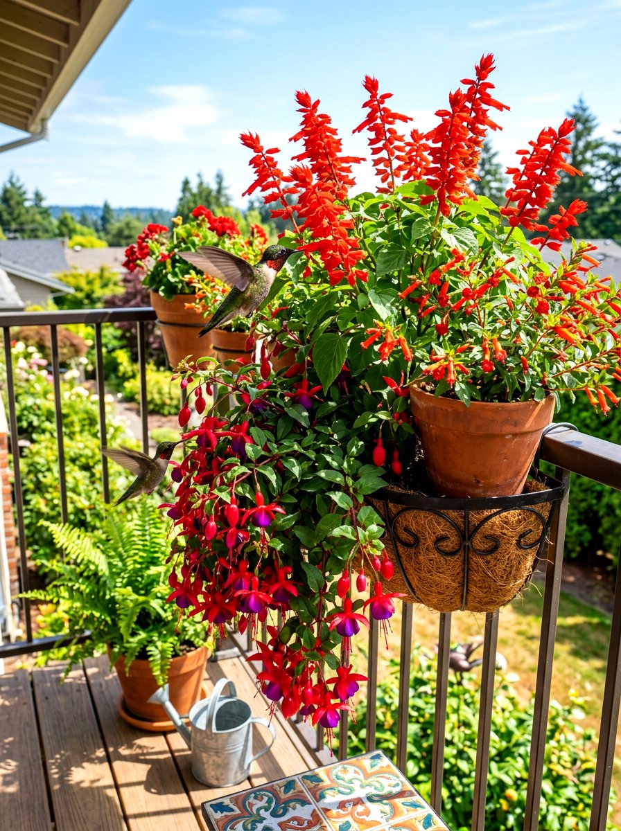Hummingbird plant arrangement - 30 mixed container garden ideas