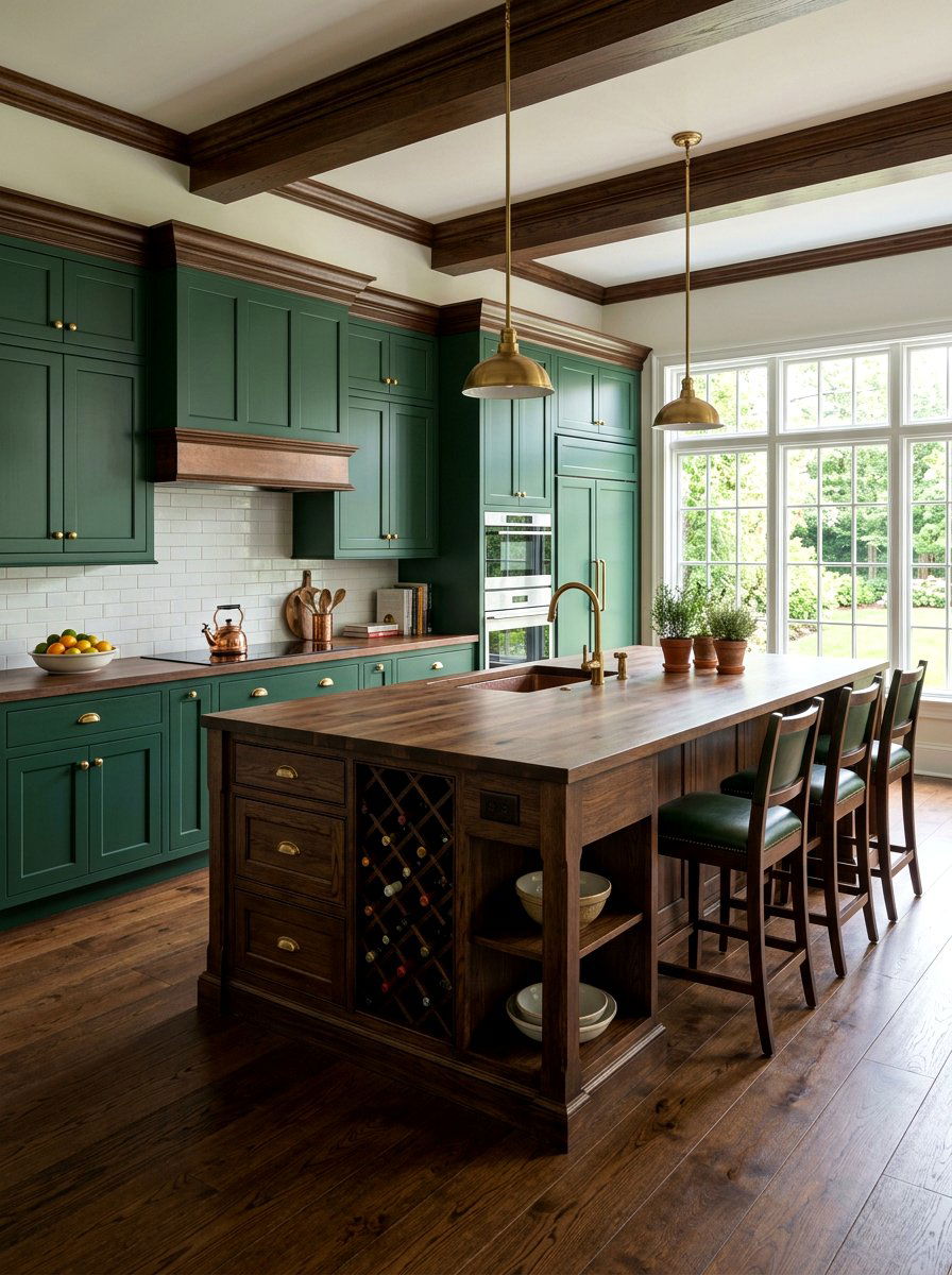 Hunter green and dark wood kitchen - 30 green and wood kitchen ideas
