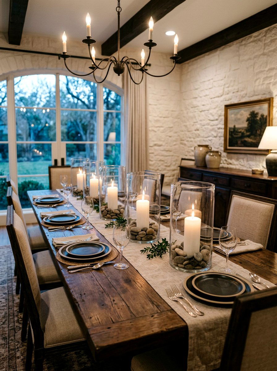 Hurricane Jar Candle Display - 30 French country dining room decor ideas