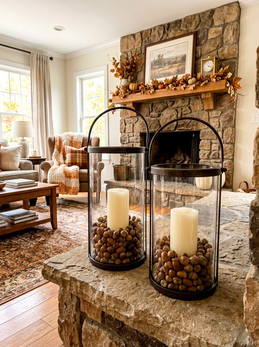 Hurricane glass lanterns with acorns - 30 candle heavy fall decor ideas