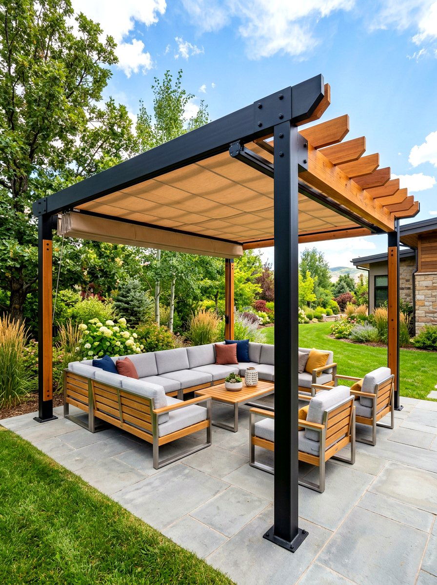 Hybrid Metal Wood Pergola - 30 retractable canopy patio ideas
