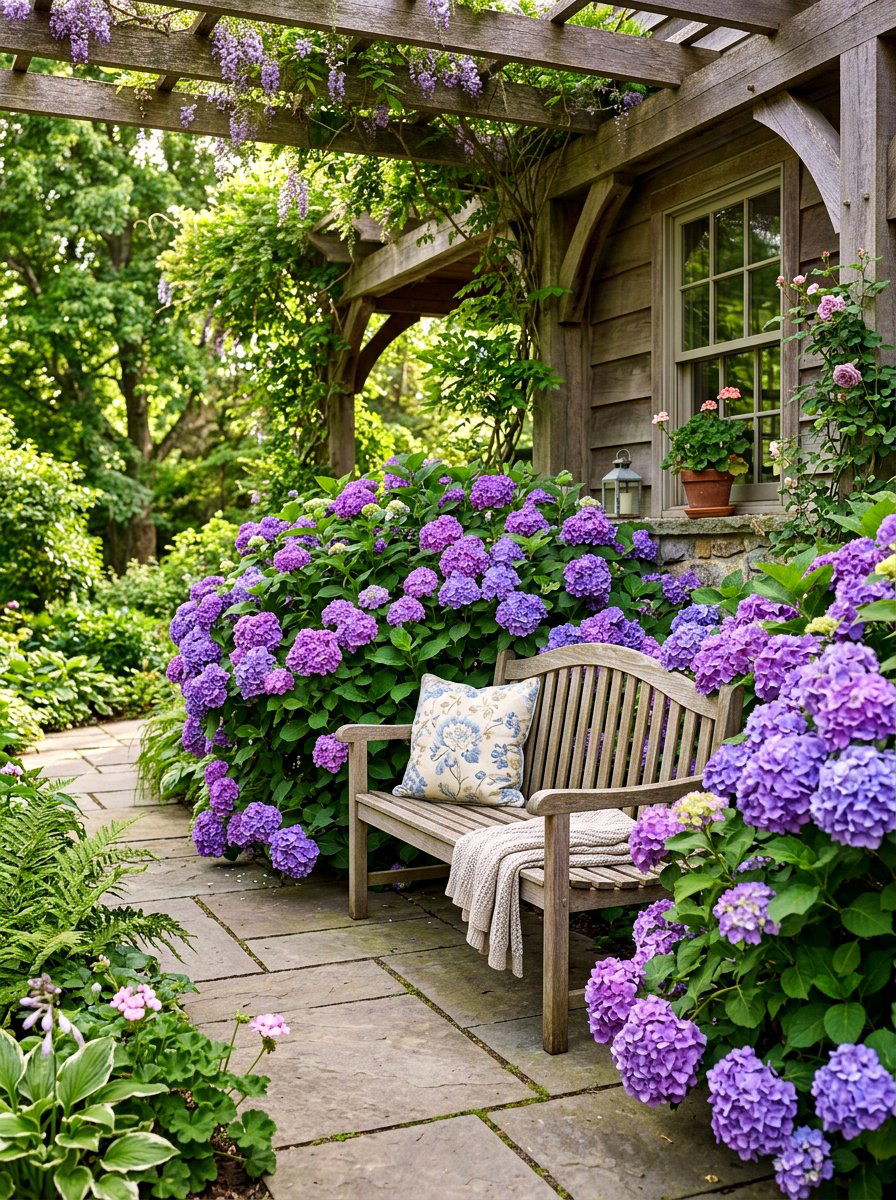 Hydrangea Bench Garden Nook - 30 front porch hydrangea ideas