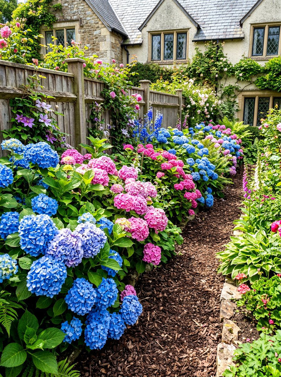 Hydrangea Border Wall - 30 side yard privacy fence landscaping ideas