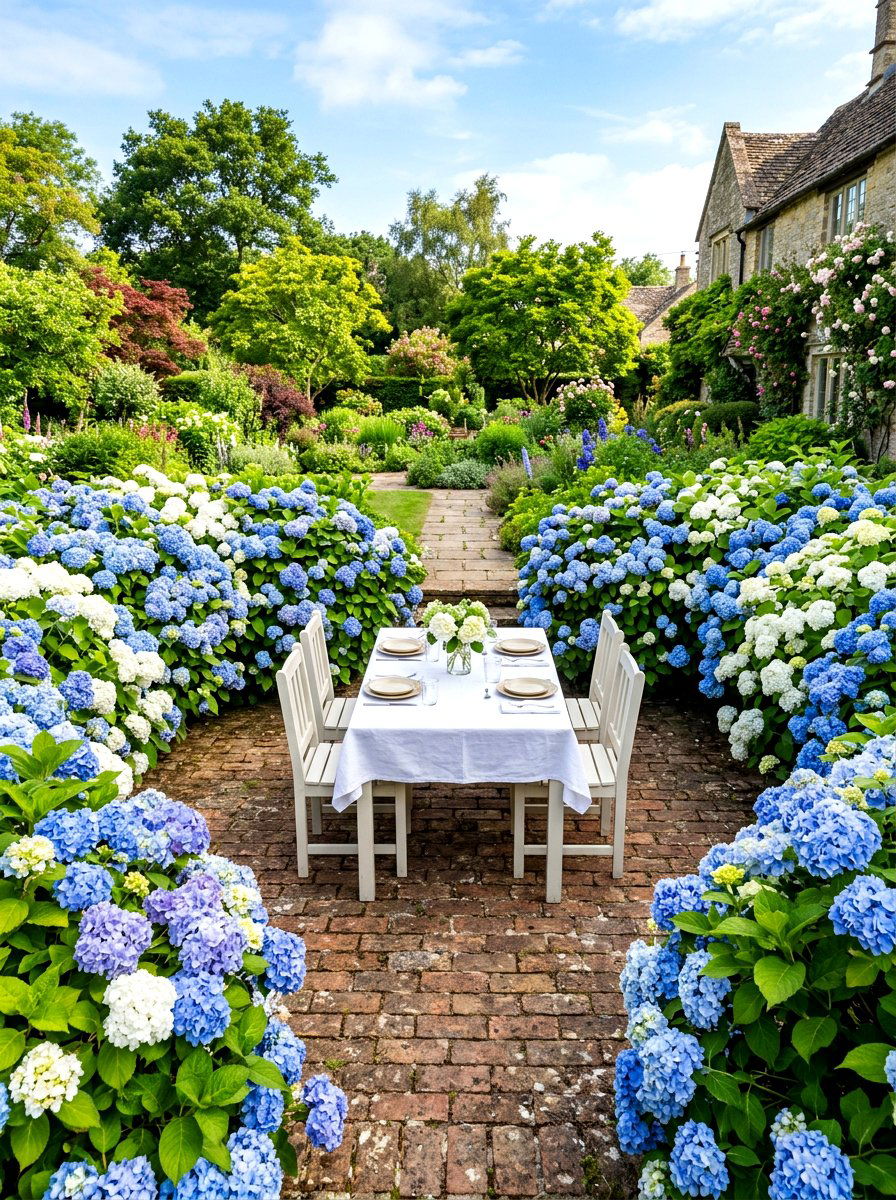Hydrangea Bordered Eating Area - 30 Nancy Meyers outdoor dining ideas