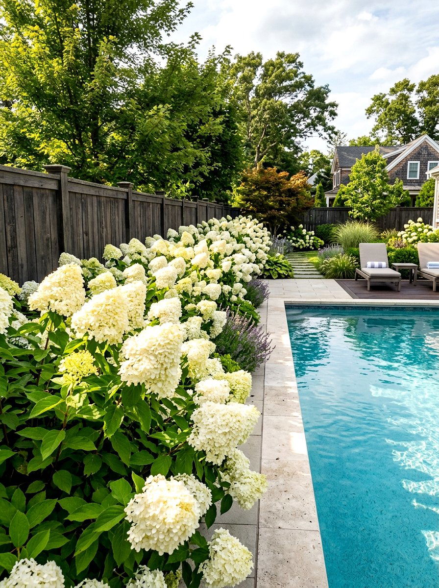 Hydrangea Bush Pool Perimeter - 30 pool fence landscaping ideas