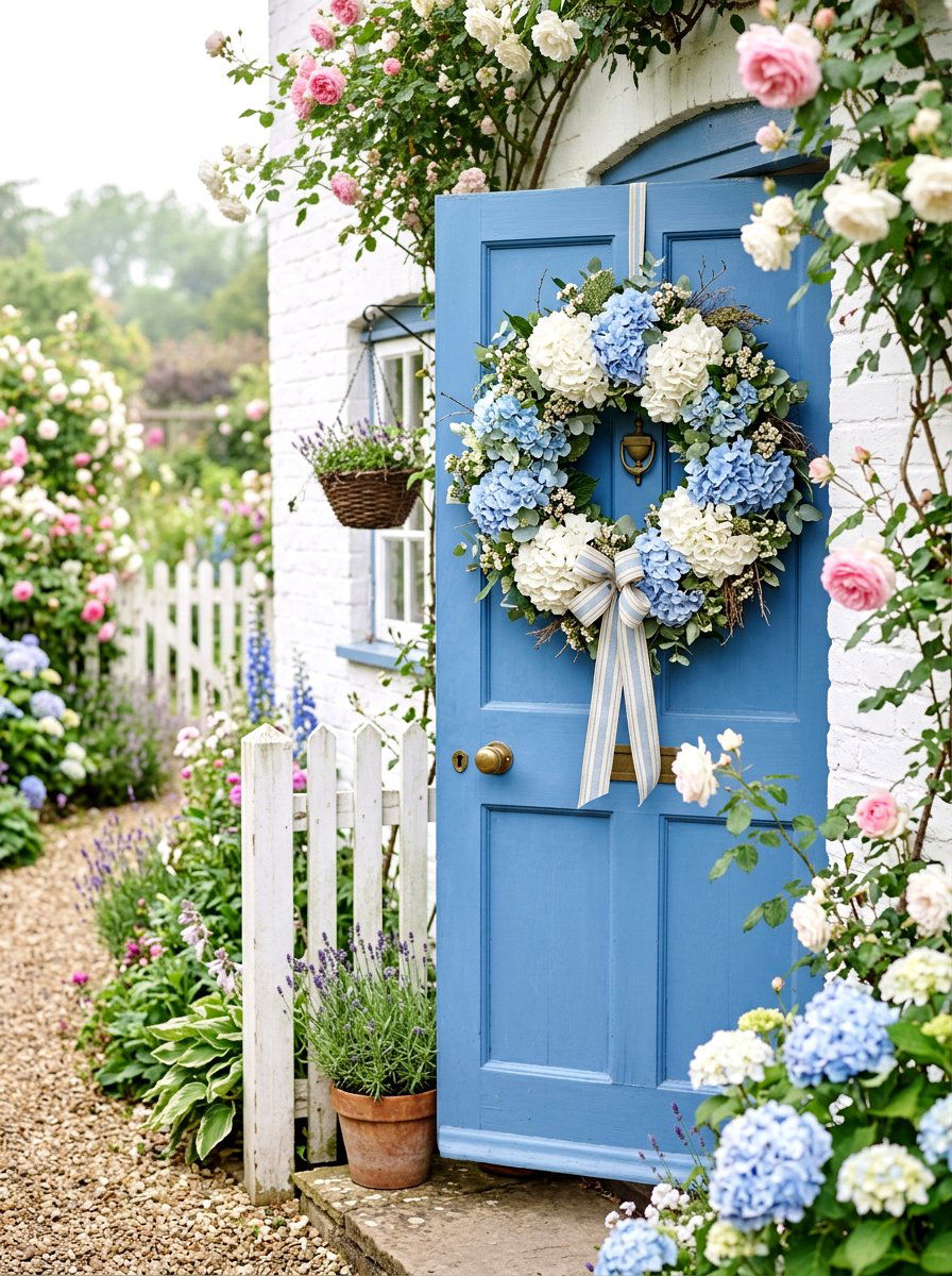 Hydrangea Floral Wreath - 30 exterior wreath styling ideas