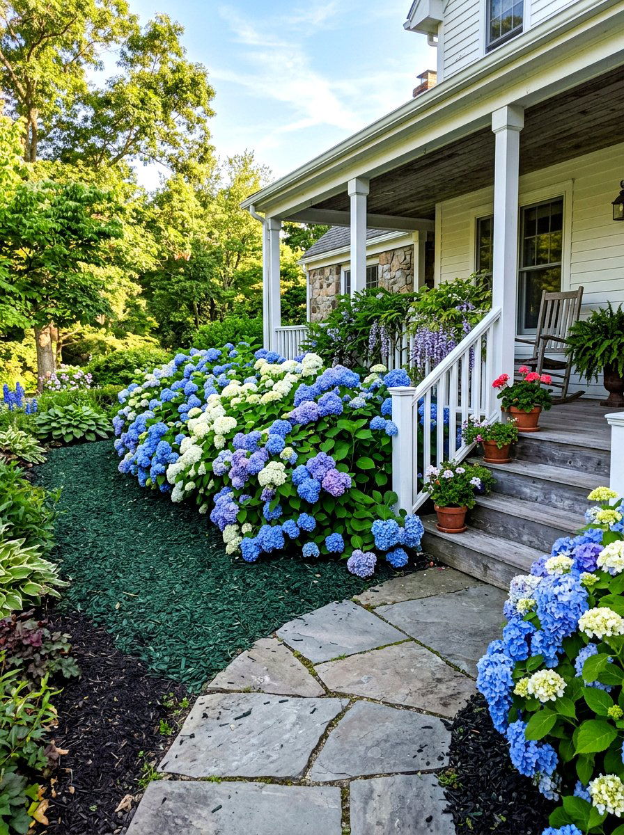 Hydrangea Focused Summer Bloom Borders - 30 foundation flower bed ideas