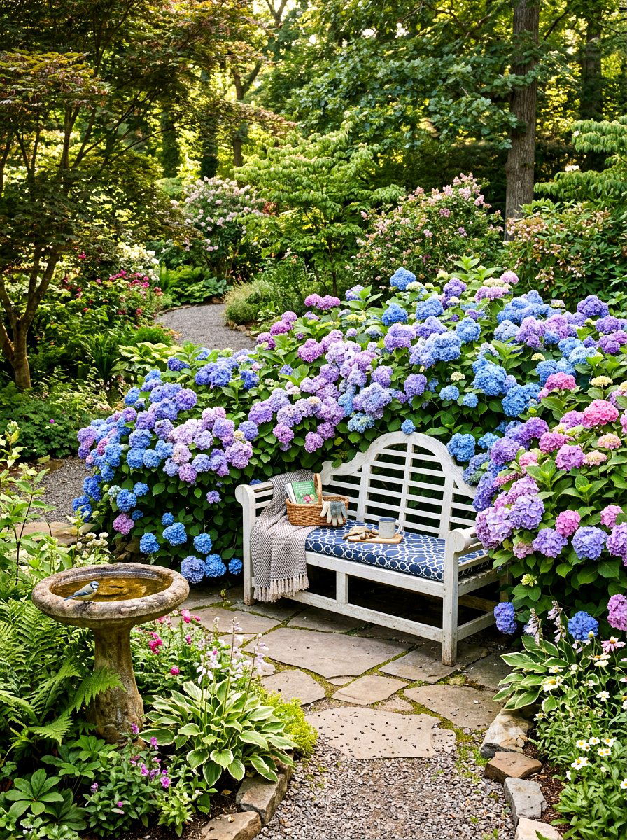 Hydrangea Garden Bench Area - 30 hydrangea garden ideas