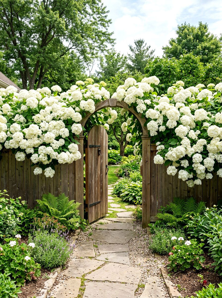 Hydrangea Gate Bush - 30 front gate flower bed ideas