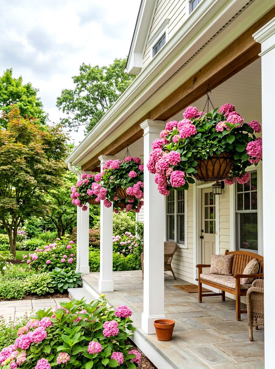 Hydrangea Hanging Basket Accents - 30 front porch hydrangea ideas