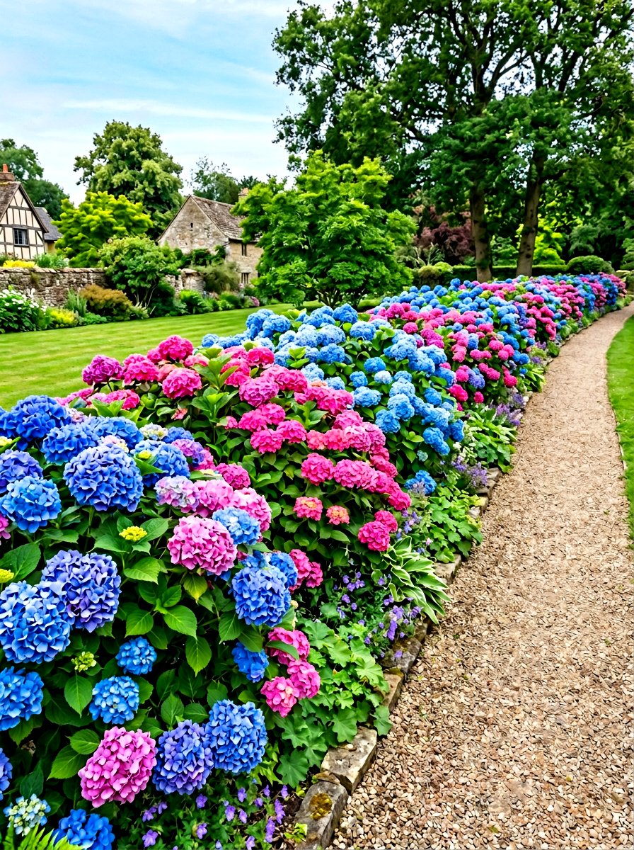 Hydrangea Hedge Border - 30 cottage flower bed ideas