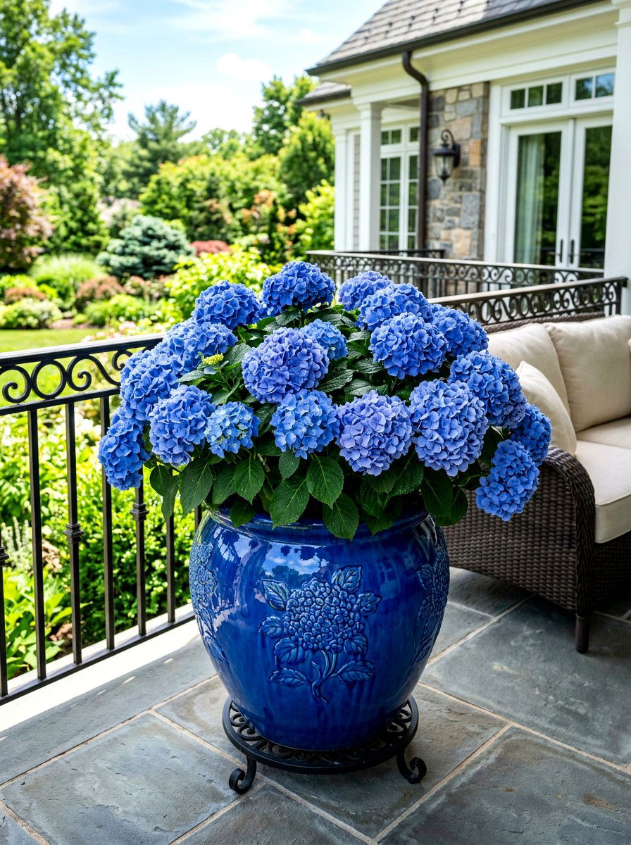 Hydrangea In Ceramic Blue Glazed Pot - 30 hydrangea porch planter ideas