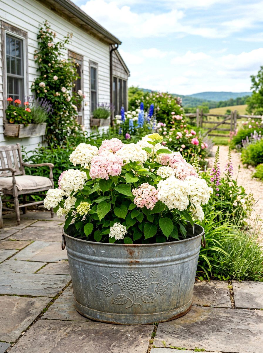 Hydrangea In Galvanized Metal Tub - 30 hydrangea porch planter ideas