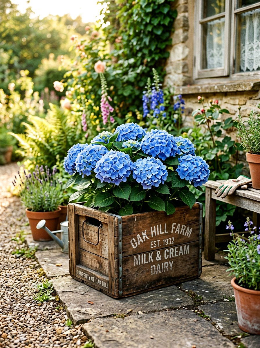Hydrangea In Vintage Milk Crate - 30 hydrangea porch planter ideas