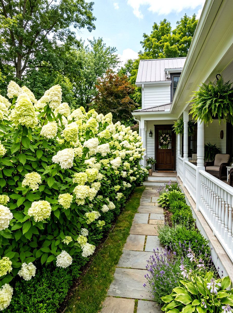 Hydrangea Privacy Hedge Entrance - 30 front porch hydrangea ideas