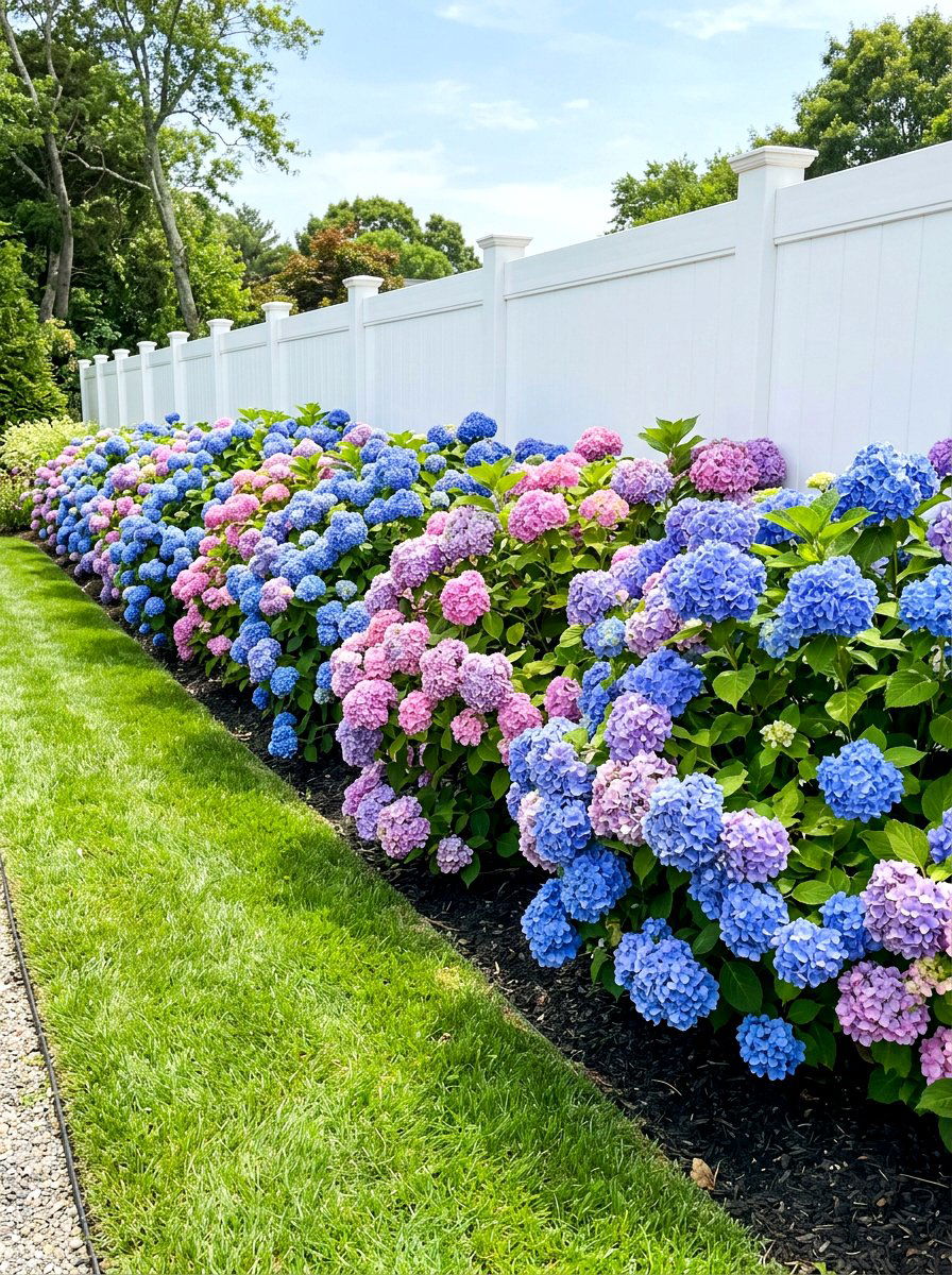 Hydrangea Shrub Border Line - 30 fence line flower bed ideas