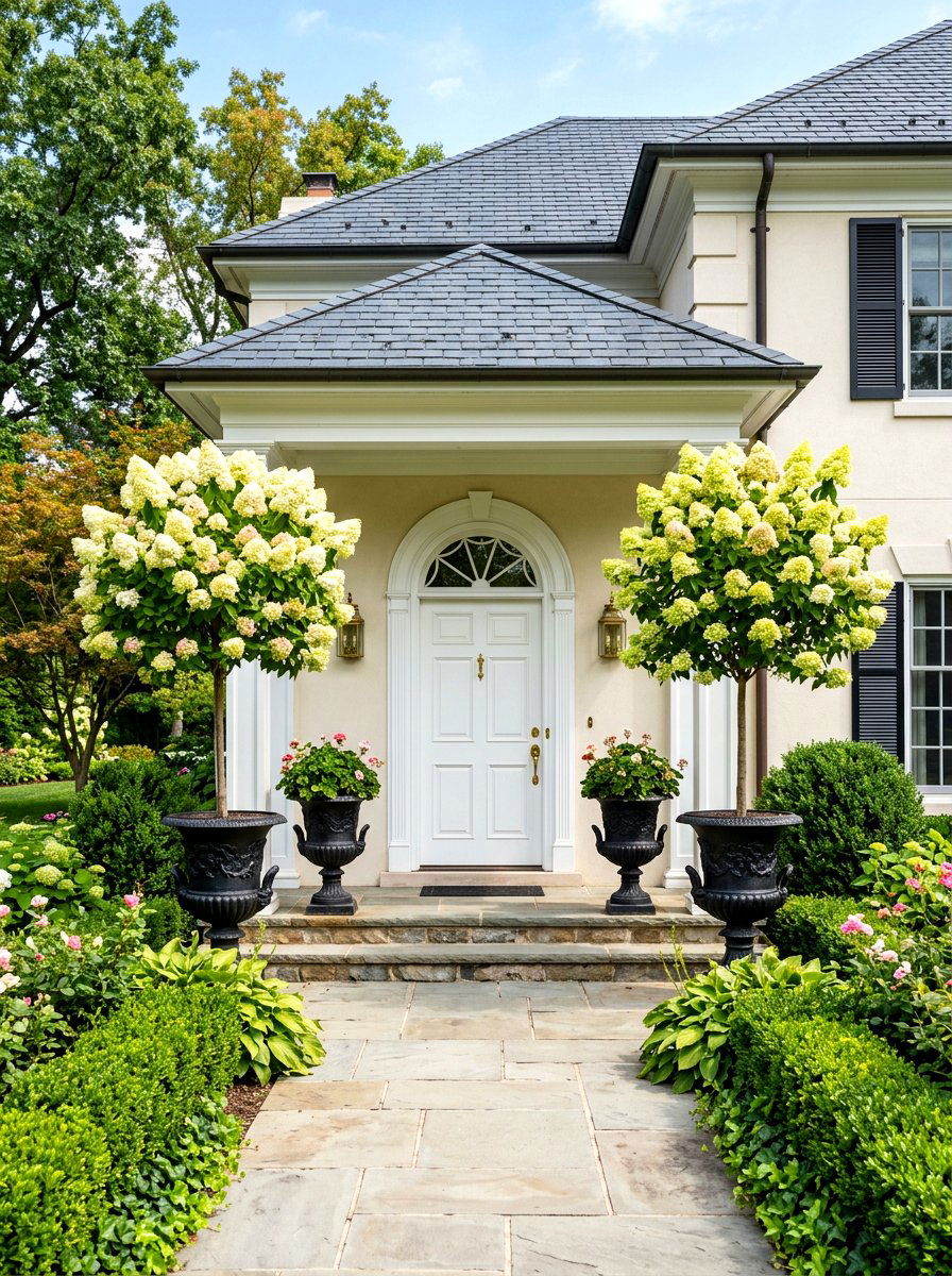 Hydrangea Topiary Formal Entrance - 30 front porch hydrangea ideas