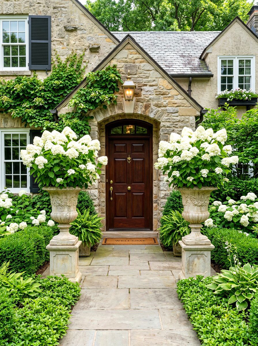Hydrangea Urn Classic Entryway - 30 front porch hydrangea ideas