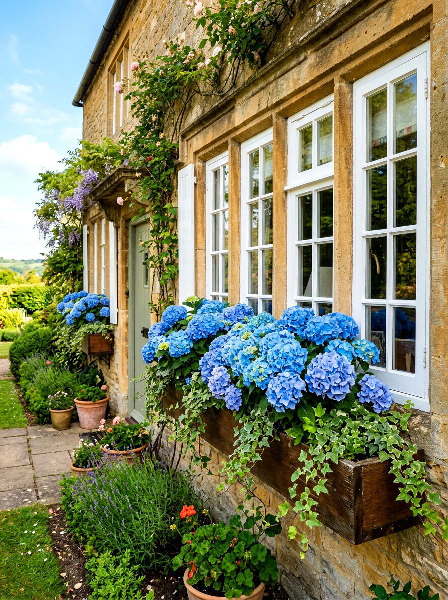 Hydrangea Window Box Facade - 30 front porch hydrangea ideas