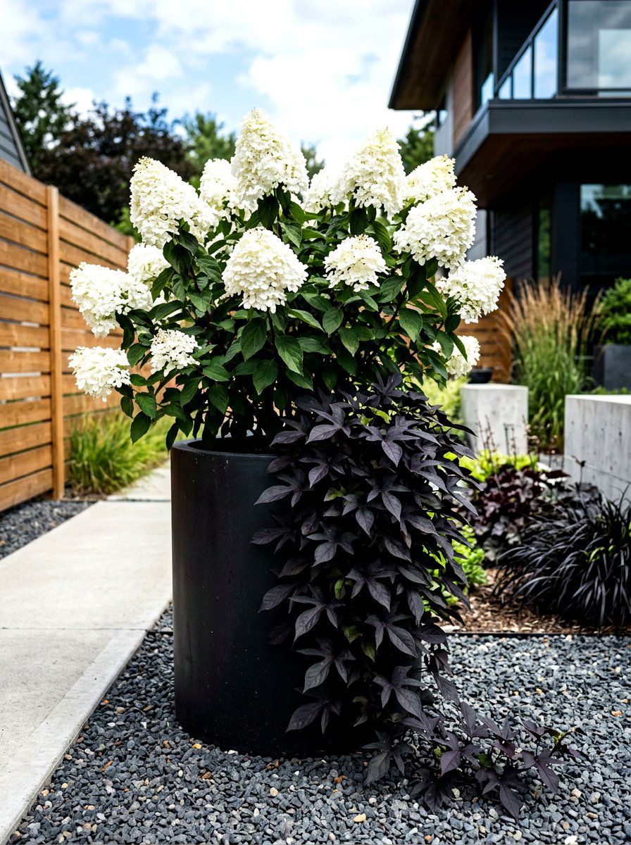 Hydrangea With Black Sweet Potato Vine - 30 hydrangea porch planter ideas