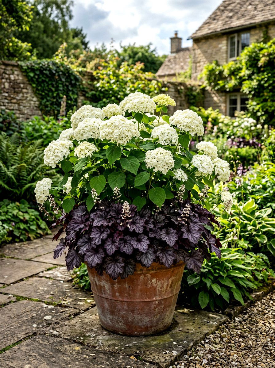 Hydrangea With Heuchera For Contrast - 30 hydrangea porch planter ideas