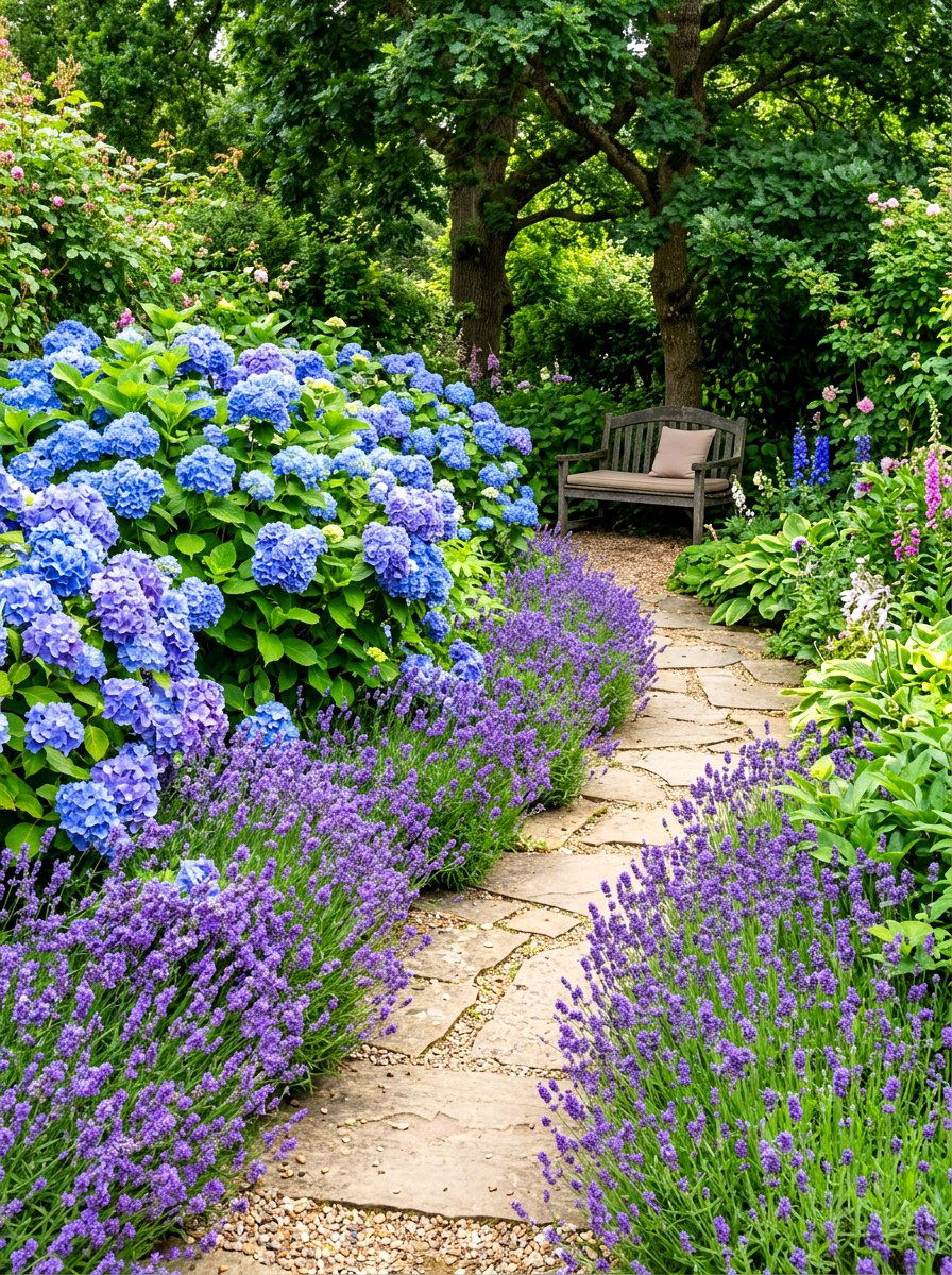 Hydrangea and Lavender Path - 30 lavender walkway ideas