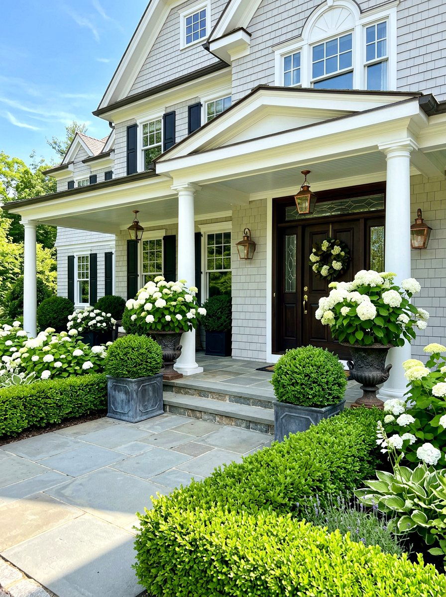 Hydrangea and boxwood porch layout - 30 hydrangea heavy front porch ideas