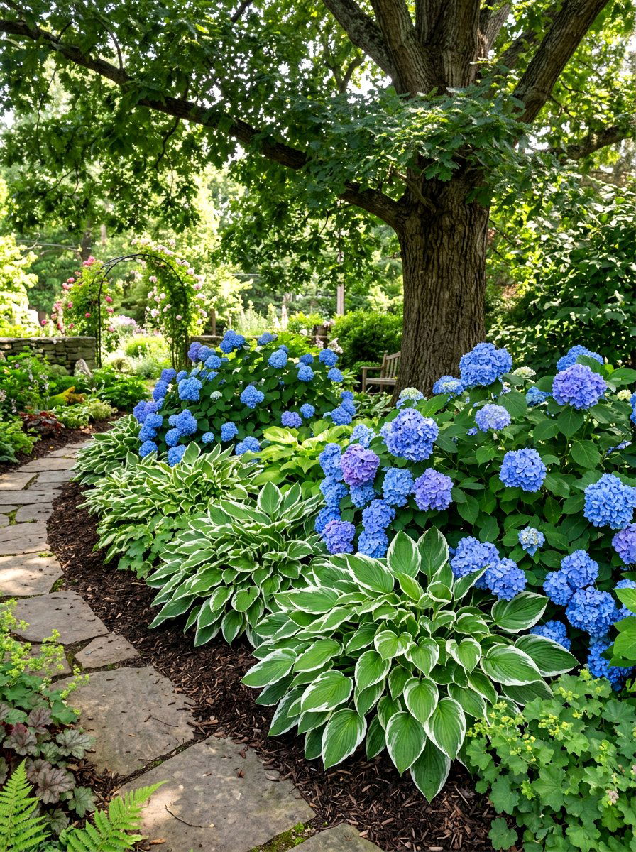Hydrangea and hosta classic bed - 30 flower bed around tree ideas