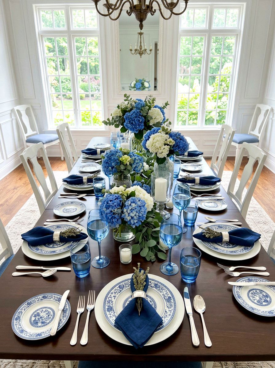 Hydrangea blue palette - 30 garden inspired tablescape ideas
