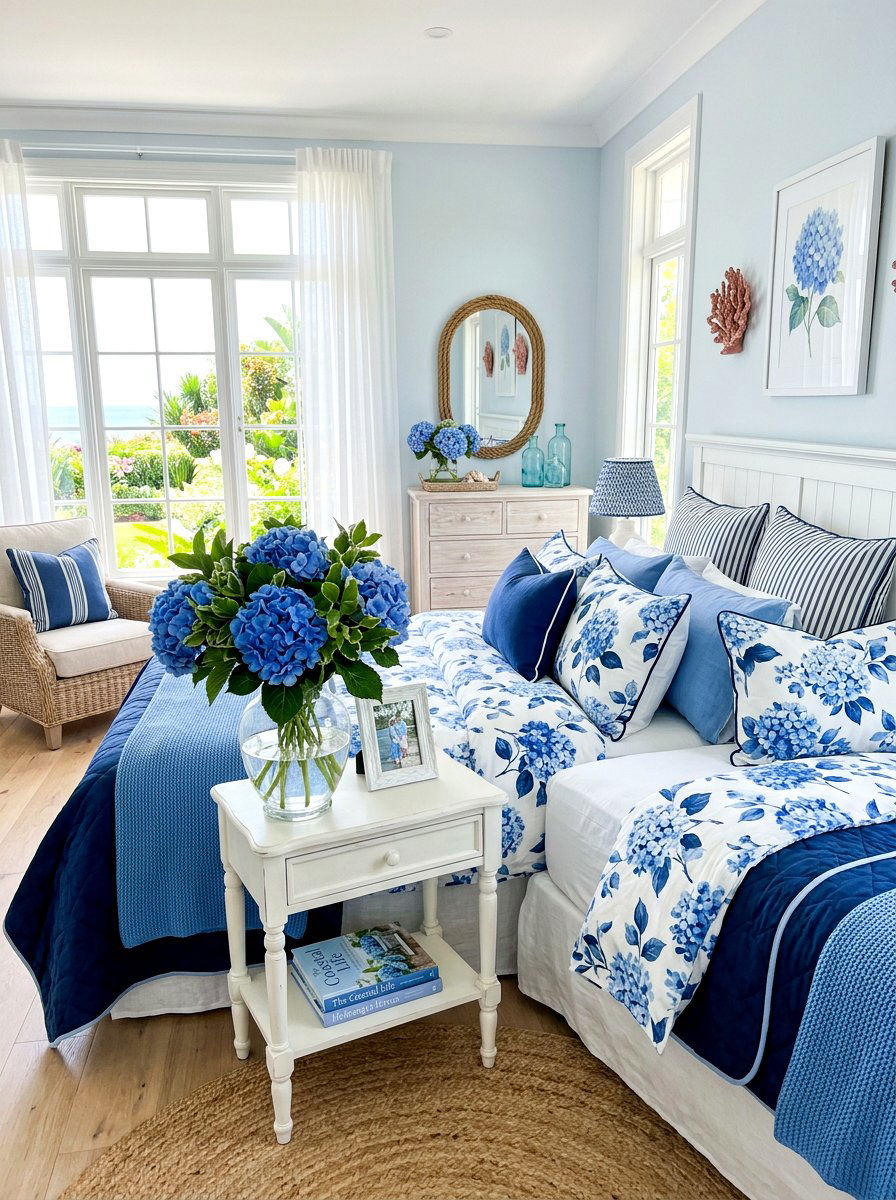 Hydrangea decor bedroom - 30 coastal prep bedroom ideas