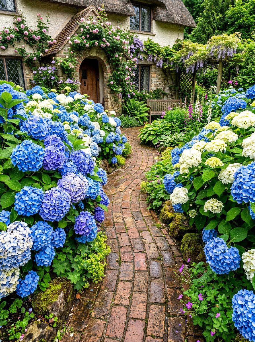 Hydrangea entry garden - 30 front path flower bed ideas