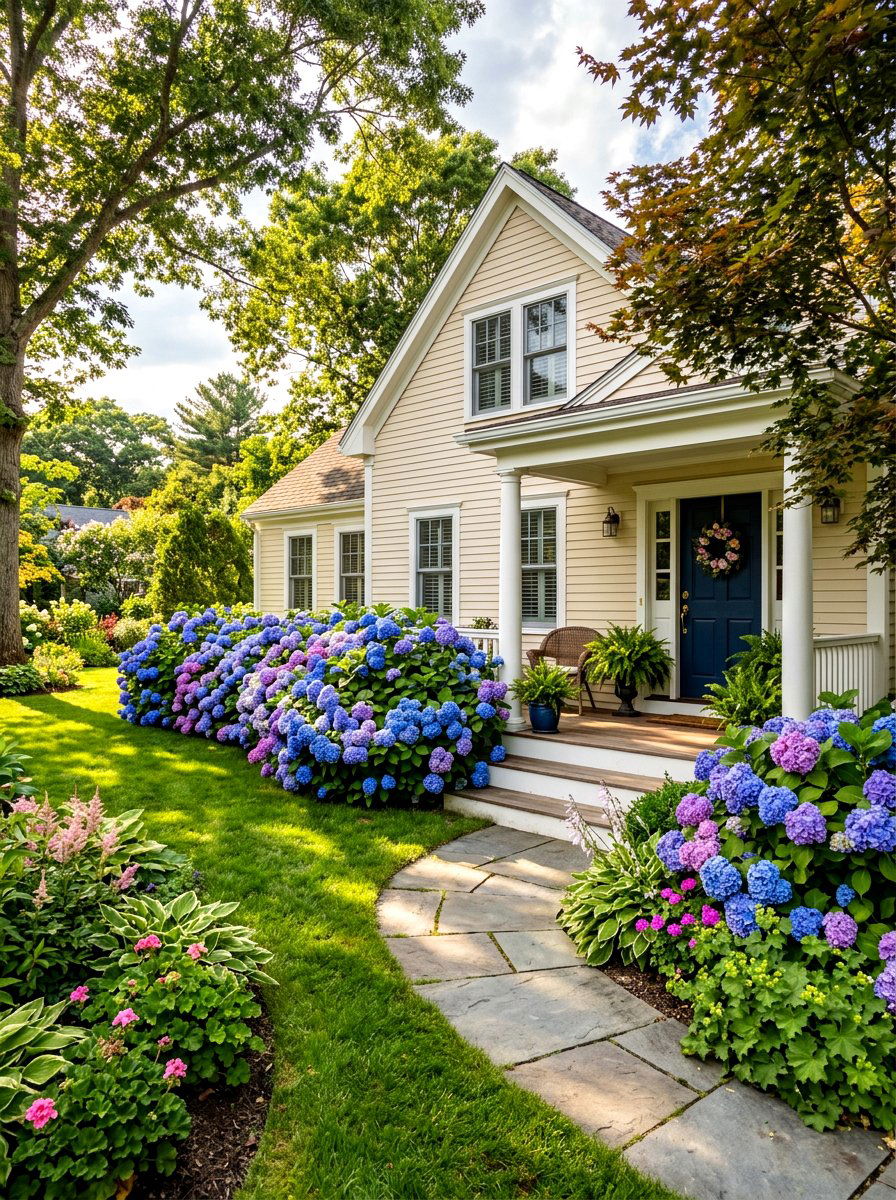 Hydrangea front yard shrubs - 30 cottage front yard garden ideas
