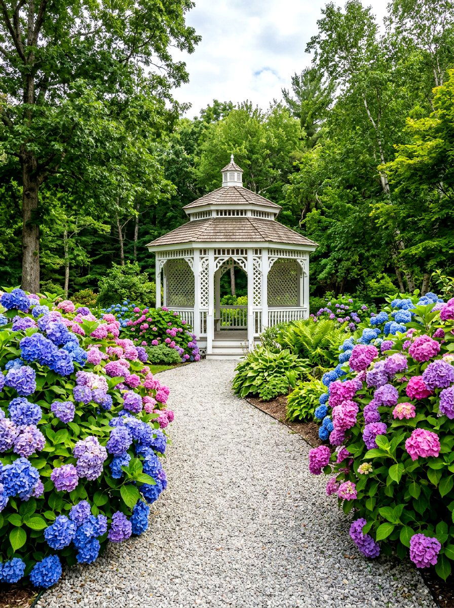 Hydrangea gazebo garden path - 30 gazebo flower garden ideas