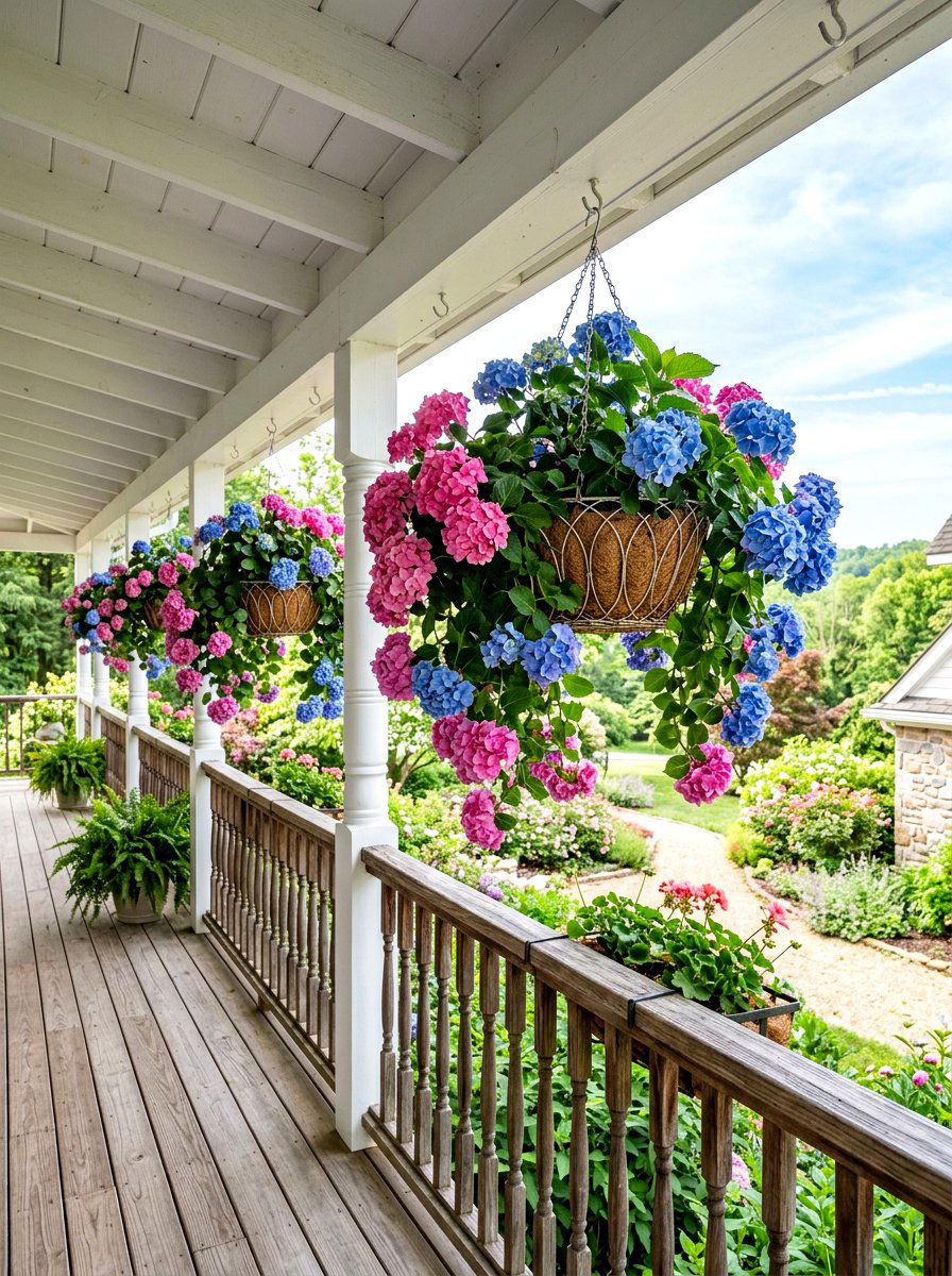 Hydrangea hanging baskets for porch - 30 hydrangea heavy front porch ideas