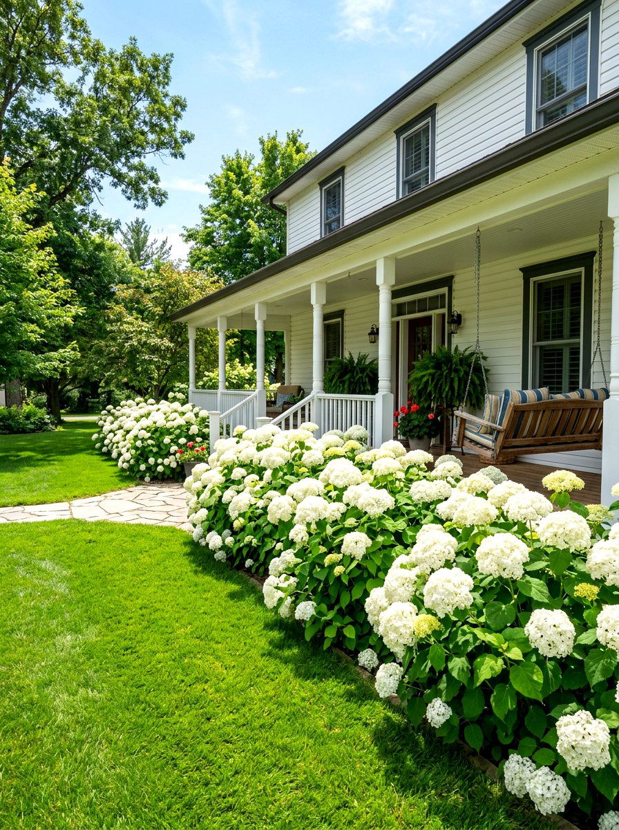 Hydrangea hedge along front porch - 30 hydrangea heavy front porch ideas
