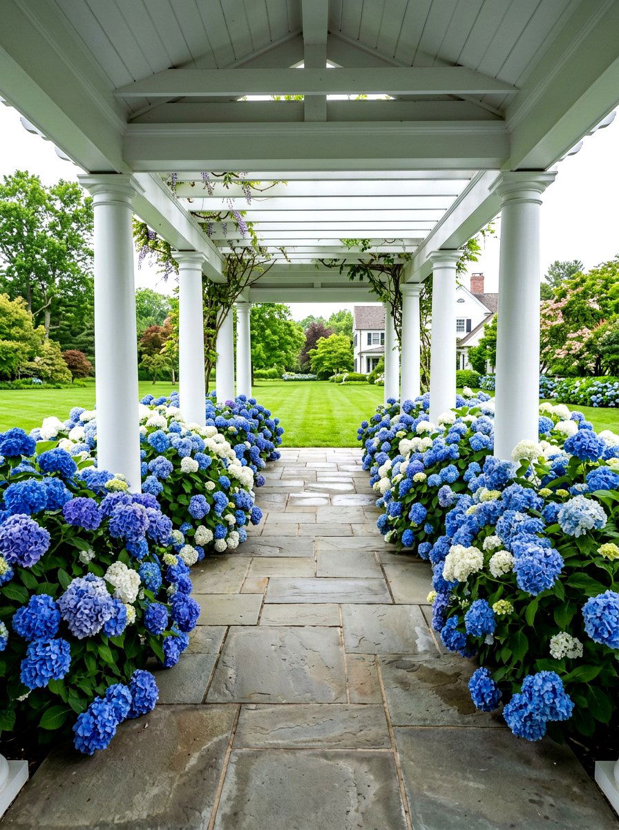 Hydrangea lined breezeway - 30 breezeway garden ideas