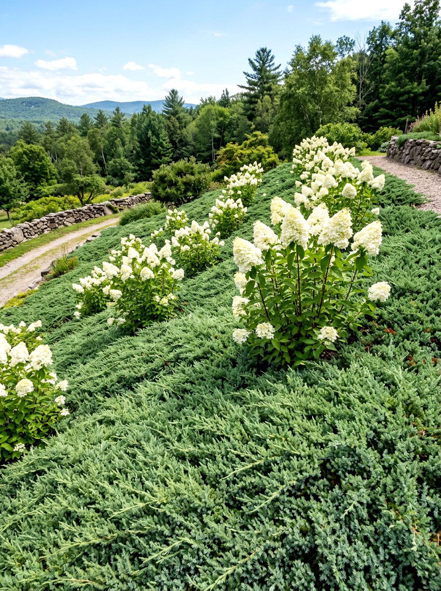 Hydrangea paniculata and juniper groundcover mix - 30 evergreen and hydrangea landscape ideas