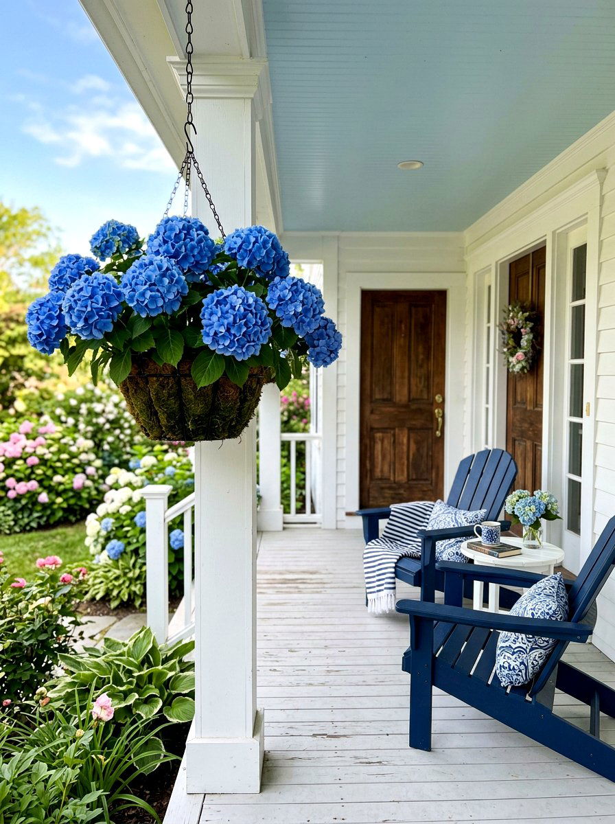 Hydrangea porch basket - 30 porch floral basket ideas