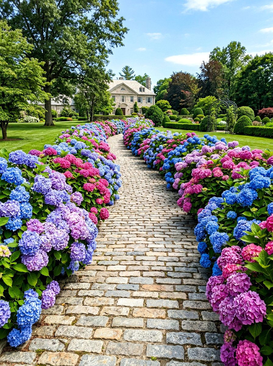 Hydrangea shrub path border - 30 walkway border planting ideas