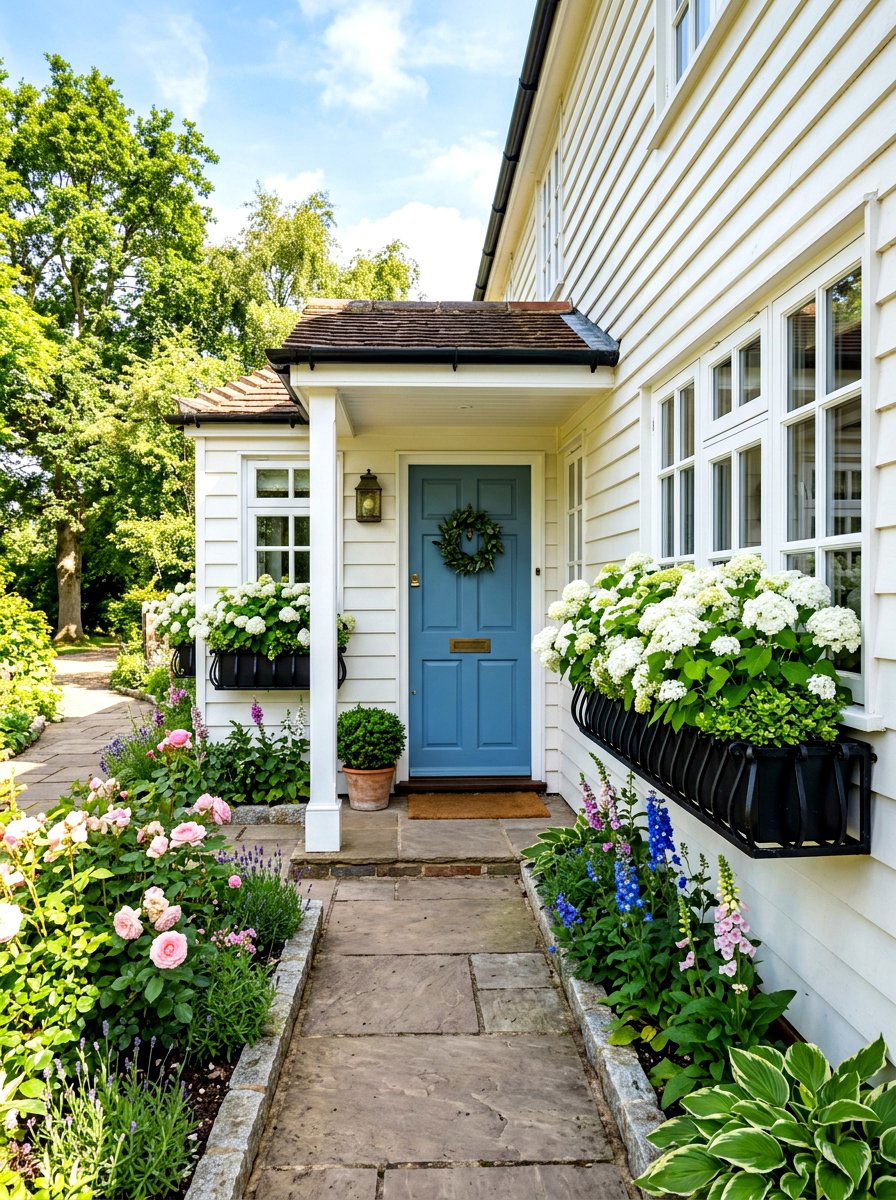 Hydrangea window boxes front porch - 30 hydrangea heavy front porch ideas