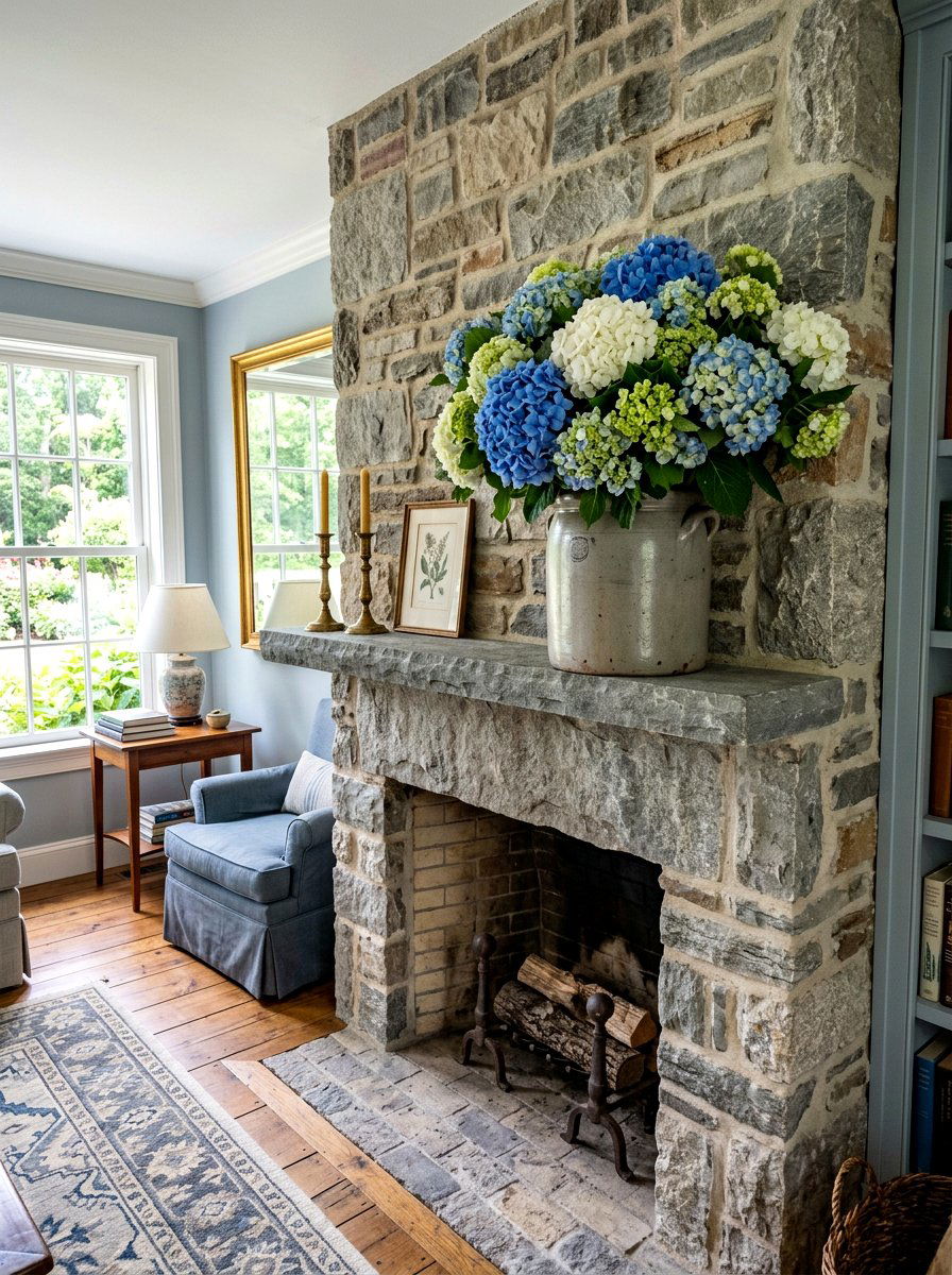 Hydrangeas in large stone crock - 30 market bouquet decor ideas