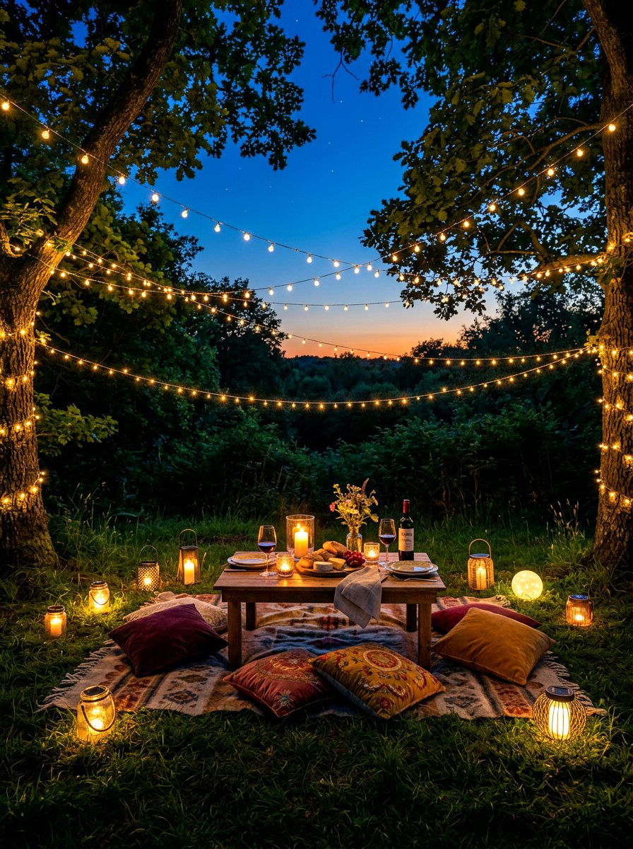 Illuminated Evening Picnic - 30 backyard picnic decor ideas